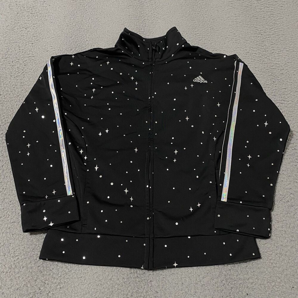 Adidas Track Jacket Girls Medium 10-12 Black Stars Space Full Zip Long Sleeve